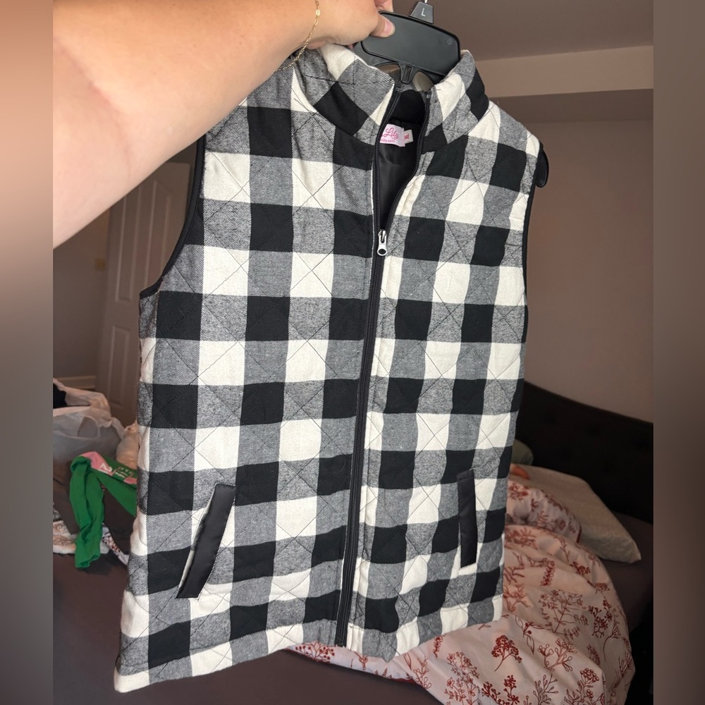 Pink Lily Black and White Plaid Quilted Vest